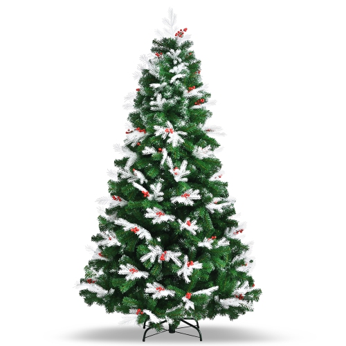 COSTWAY  7Ft Unlit Snowy Hinged Christmas Tree W/ 1180 Mixed Tips & Red Berries