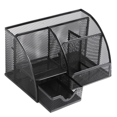 Moustache 7 Section Metal Mesh Office Desk Desktop Organizer Pencil Cup Holder, Black