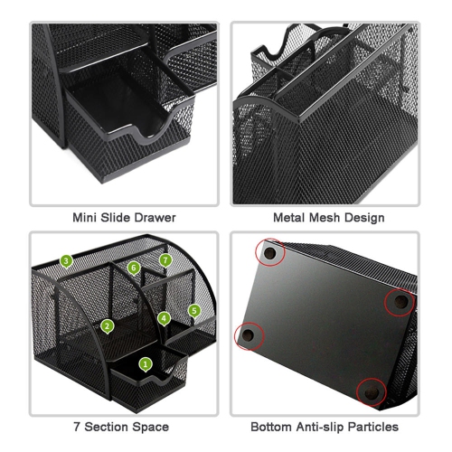 Moustache 7 Section Metal Mesh Office Desk Desktop Organizer Pencil Cup Holder, Black