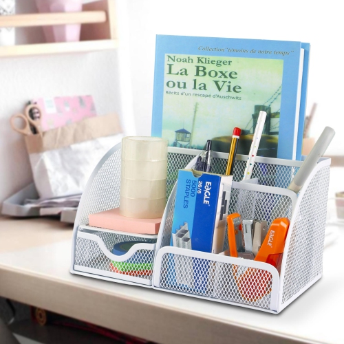 Moustache 7 Section Metal Mesh Office Desk Desktop Organizer Pencil Cup Holder, White