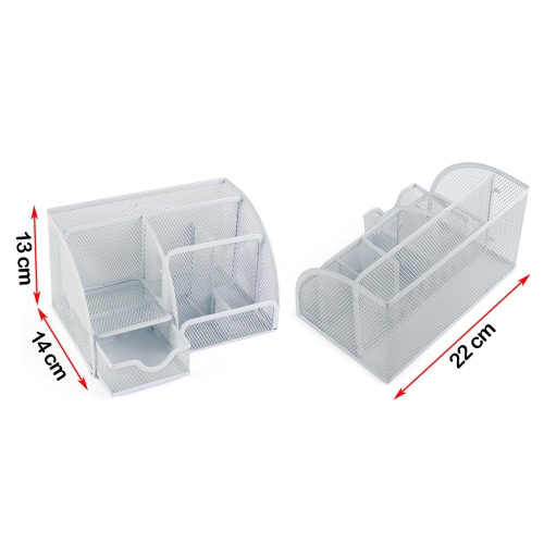Moustache 7 Section Metal Mesh Office Desk Desktop Organizer Pencil Cup Holder, White