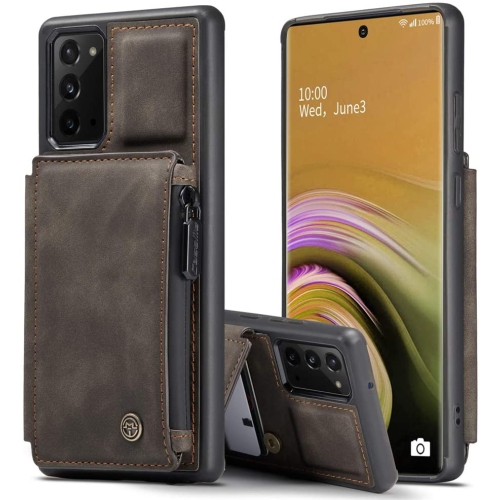 CASEME  Leather Zipper Wallet Card Slot Double Magnetic Clasp Shockproof Back Case Cover for Samsung Galaxy S21 Ultra -Brown