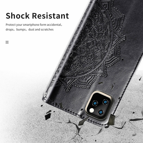 MyCase Wallet Case for iPhone 12 and 12 Pro Emboss Mandala Flower Pattern Flip Case PU Leather Magnetic Kickstand Cover with Card Slots Shockproof