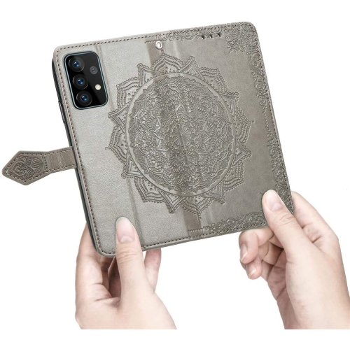 Étui portefeuille pour Samsung Galaxy S21 Motif mandala vert Étui à rabat avec porte-cartes et dragonne Cuir synthétique Magnétique -Gris