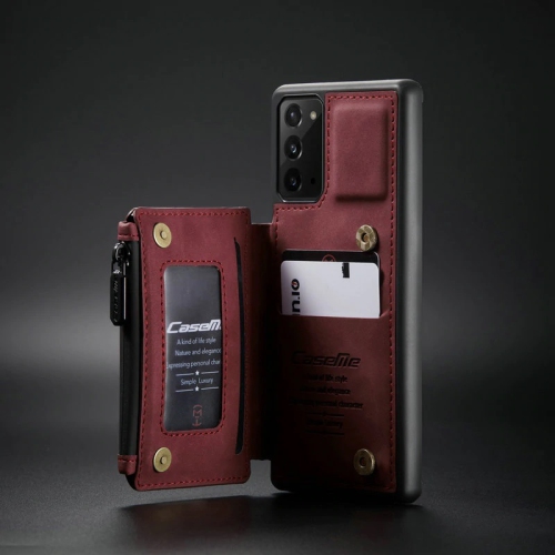 CASEME  Leather Zipper Wallet Card Slot Double Magnetic Clasp Shockproof Back Case Cover for Samsung Galaxy S20 Fe -Red