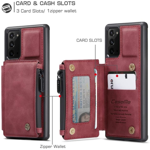 CaseMe Leather Zipper Wallet Card Slot Double Magnetic Clasp Shockproof Back Case Cover for Samsung Galaxy S20 FE -Red
