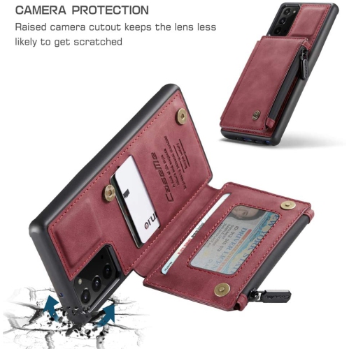 CaseMe Leather Zipper Wallet Card Slot Double Magnetic Clasp Shockproof Back Case Cover for Samsung Galaxy S20 FE -Red