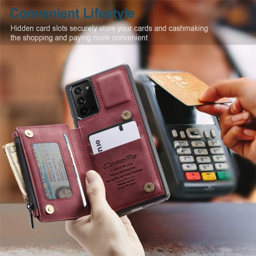CaseMe Leather Zipper Wallet Card Slot Double Magnetic Clasp Shockproof Back Case Cover for Samsung Galaxy S20 FE -Red