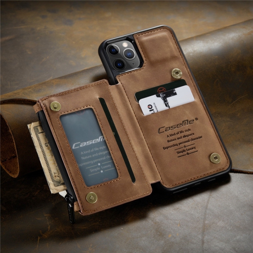 CASEME  Leather Zipper Wallet Card Slot Double Magnetic Clasp Shockproof Back Case Cover for Iphone 12 Pro Max -Coffee