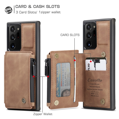 CaseMe Leather Zipper Wallet Card Slot Double Magnetic Clasp Shockproof Back Case Cover for Samsung Galaxy S20 -Coffee
