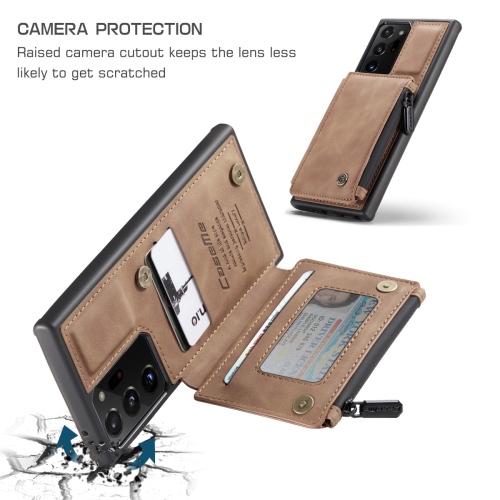CaseMe Leather Zipper Wallet Card Slot Double Magnetic Clasp Shockproof Back Case Cover for Samsung Galaxy S20 -Coffee