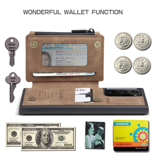 CaseMe Leather Zipper Wallet Card Slot Double Magnetic Clasp Shockproof Back Case Cover for Samsung Galaxy S20 -Coffee