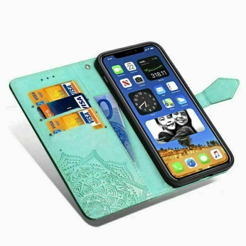 MyCase Wallet Case for iPhone 12 and 12 Pro Emboss Mandala Flower Pattern Flip Case PU Leather Magnetic Kickstand Cover with Card Slots Shockproof