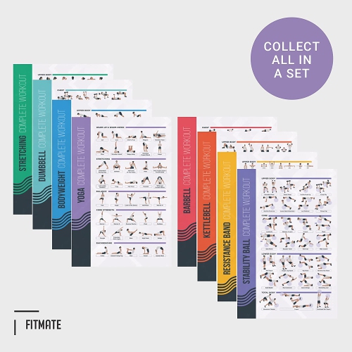 FitMate 8 Pack Workout Exercise Poster Bundle - Dumbbell, Barbell, Bodyweight, Yoga, Stretching, Stability Ball, Resistance Bands, Kettlebell | Home