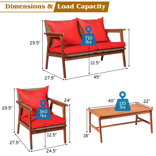 Costway 4PCS Patio Rattan Furniture Set Acacia Wood Frame Cushioned Sofa Chair