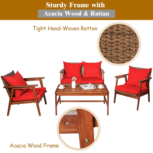 Costway 4PCS Patio Rattan Furniture Set Acacia Wood Frame Cushioned Sofa Chair