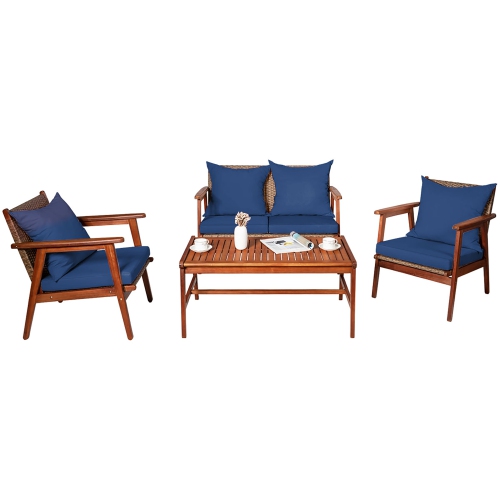 Costway 4PCS Patio Rattan Furniture Set Acacia Wood Frame Cushioned Sofa Chair