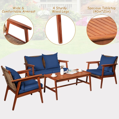 Costway 4PCS Patio Rattan Furniture Set Acacia Wood Frame Cushioned Sofa Chair