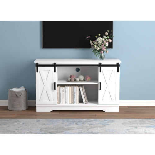 TV Stand 48L White 2 Sliding Doors 3 Shelves