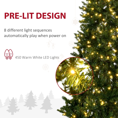 HOMCOM – Arbre de Noël artificiel illuminé de 7,5 pi avec 450 lumière LED blanc chaud, 1146 pointes de branches, 8 modes, décoration de Noël maison