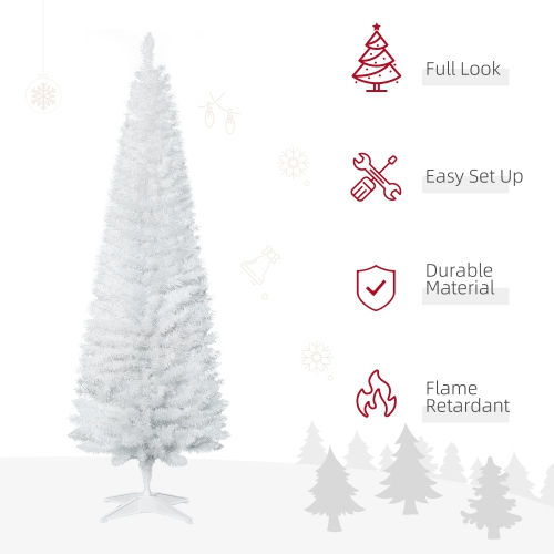HOMCOM 6' Pencil Christmas Tree, Slim Artificial Xmas Tree with Realistic Branches, Metal Stand, White