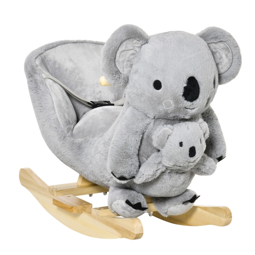 QABA  Kids Plush Ride-On Rocking Horse Koala-Shaped Plush Toy Rocker With Gloved Doll Realistic Sounds for Child 18-36 Months In Grey