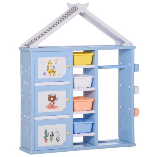 Qaba Kids toy Organizer and Storage Book Shelf with shelf, storage cabinet, hanger, storage box, and storage basket, Blue