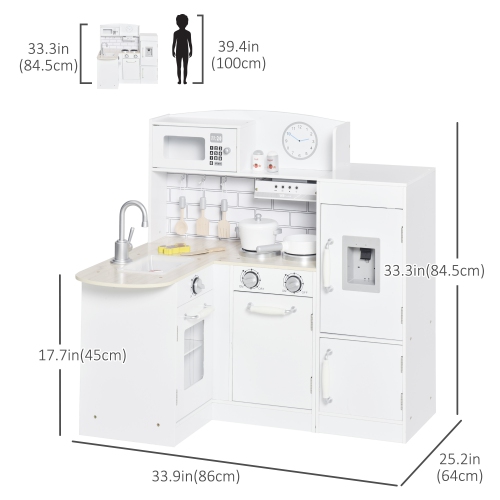 Qaba Kids Kitchen Play Cooking Toy Set for Children with Drinking Fountain, Microwave, and Fridge with Accessories, White