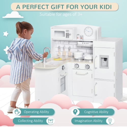 Qaba Kids Kitchen Play Cooking Toy Set for Children with Drinking Fountain, Microwave, and Fridge with Accessories, White