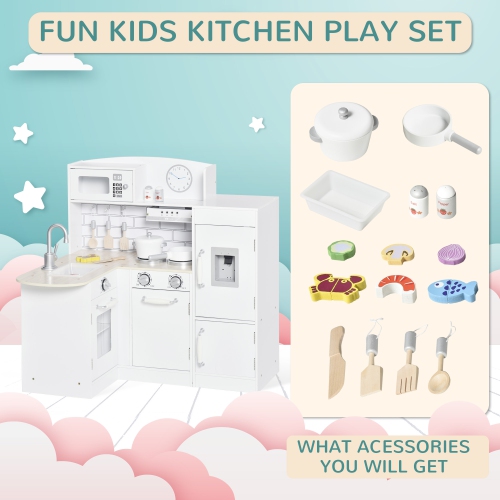 Qaba Kids Kitchen Play Cooking Toy Set for Children with Drinking Fountain, Microwave, and Fridge with Accessories, White