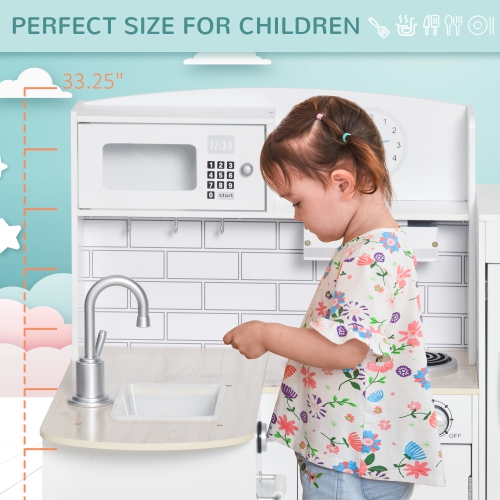Qaba Kids Kitchen Play Cooking Toy Set for Children with Drinking Fountain, Microwave, and Fridge with Accessories, White