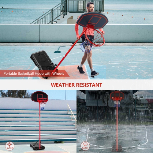 Costway Height-Adjustable Basket Hoop, Portable Backboard System Stand with 2 Wheels, Fillable Base, Weather-Resistant Nylon Net