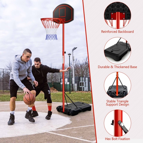 Costway Height-Adjustable Basket Hoop, Portable Backboard System Stand with 2 Wheels, Fillable Base, Weather-Resistant Nylon Net