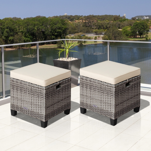 Image 1 of 10.. Costway 2PCS Patio Rattan Cushioned Ottoman Seat Foot Rest Table