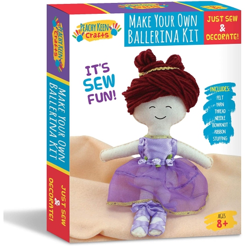 Peachy Keen Crafts Ballerina Doll Making Kit - Stitch & Sew Your Own Stuffed Doll - DIY Craft Set for Kids