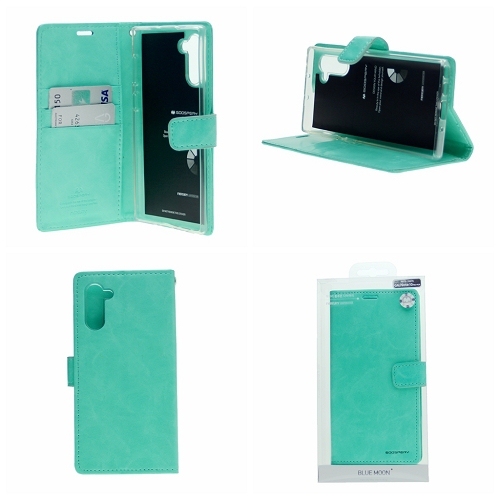 TopSave Goospery Bluemoon Card Slot w/Magnetic Clip Leather Folio Wallet Flip For Samsung Galaxy S21 FE, Teal/Mint