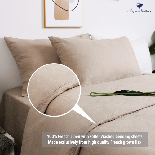 Ensemble de draps en lin 100 % français Highland Feather - Drap de lit 4 pièces - 1 drap plat et 1 drap-housse et 2 taies d’oreiller - Literie en lin