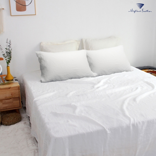 Ensemble de draps en lin 100 % français Highland Feather - Drap de lit 4 pièces - 1 drap plat et 1 drap-housse et 2 taies d’oreiller - Literie en lin