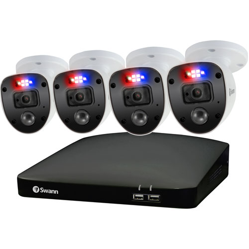Système surveillance avec fil DVR HD Enforcer avec 4 caméras compactes FHD 1080p de Swann-Blanc/Noir