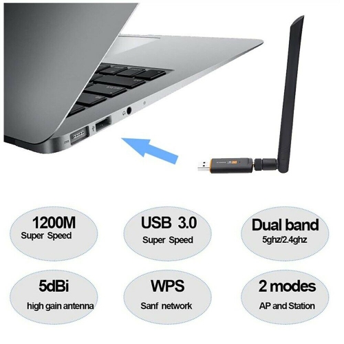 1200Mbps Wireless USB WiFi Network Adapter Dual Band 2.4 & 5ghz w/Antenna For PC