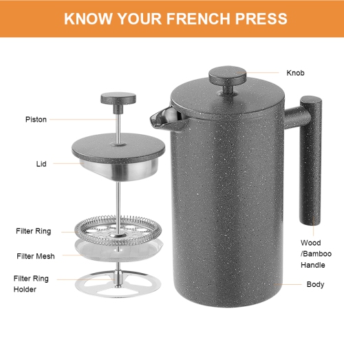 1L cafetière à piston à double paroi en acier inoxydable