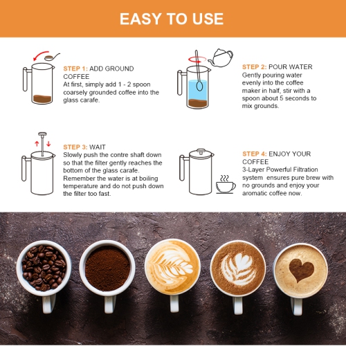 1L cafetière à piston à double paroi en acier inoxydable