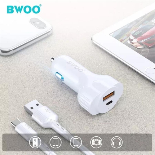 BWOO - Chargeur de Voiture avec 1 Port USB et 1 Type-C , DC 12-24V, Sortie 5V 2.4A, Coque Ignifuge, Blanc