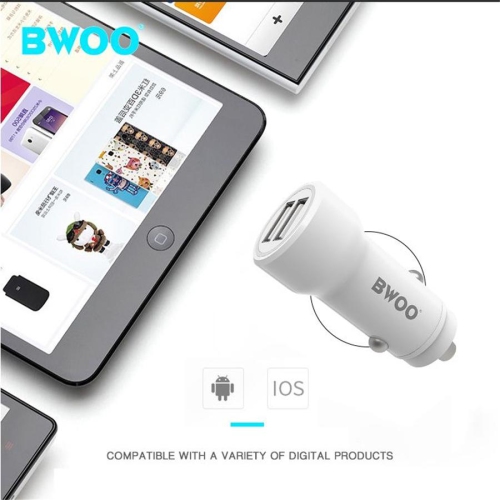 BWOO - Car Charger with 2 USB Ports, 12-24V, 18W + 5V 2.4A Output, White