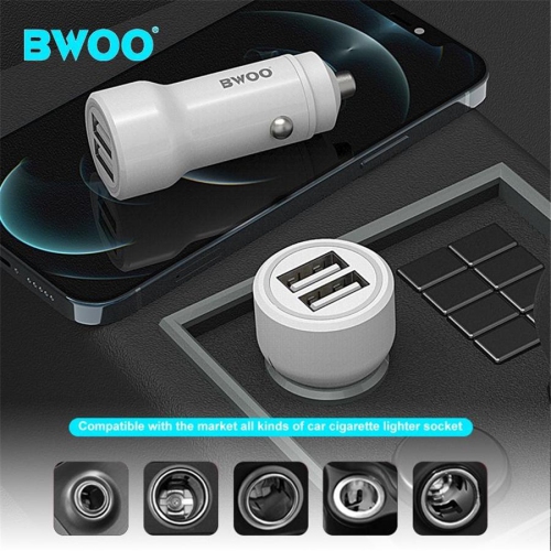 BWOO - Car Charger with 2 USB Ports, 12-24V, 18W + 5V 2.4A Output, White