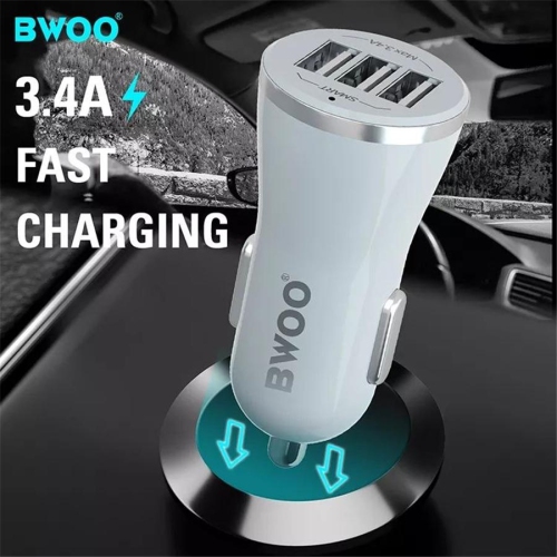 BWOO - Car Charger with 3 USB Ports, DC 12-24V, 5V 3.4A Output, Flame Retardant Shell, White