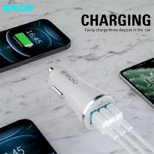 BWOO - Car Charger with 3 USB Ports, DC 12-24V, 5V 3.4A Output, Flame Retardant Shell, White
