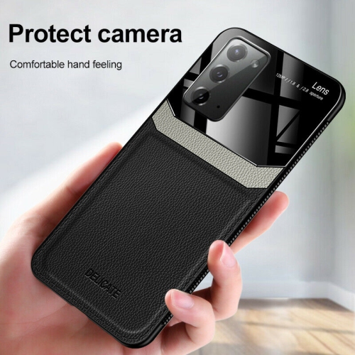 Delfin Leather Case Anti Slide Camera Protection Shockproof cover Plexiglass Bumper Phone Case Slim Cover for Samsung Galaxy NOTE 20 ULTRA -Black