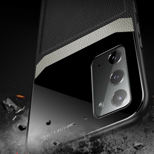 Delfin Leather Case Anti Slide Camera Protection Shockproof cover Plexiglass Bumper Phone Case Slim Cover for Samsung Galaxy S20 PLUS -Black