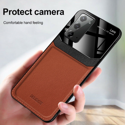 DELFIN  Leather Case Anti Slide Camera Protection Shockproof Cover Plexiglass Bumper Phone Case Slim Cover for Samsung Galaxy S20 -Brown